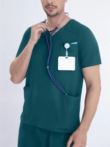 Men's Elastic Short Sleeve Work Uniform Top And Waist Drawstring Pocket Pants Set, Suitable For Work, Lab, Pet Grooming - Dark Green - View 5