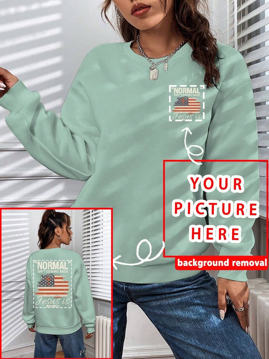 Presente de Natal & Ação de Graças, Moletom de Gola Redonda Personalizado para Mulheres - Adicione Sua Própria Foto (Retrato de Família/Selfie), Presente de Aniversário Casual - Verde - Visão 1