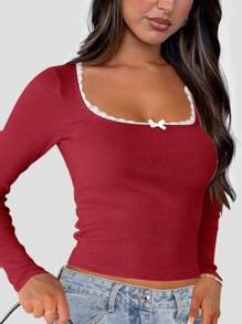 Burgundy Contrast Lace Long Sleeve Crew Neck Fitted Knit T-Shirt, Spring/Summer - Burgundy - View 5