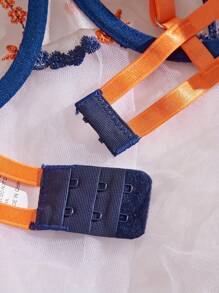 性感霓虹橙色撞色刺绣花卉女士内衣套装两件套女士2件套 - 橘色 - 查看 4