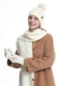 1-3pcs/Set Women's Winter Knitted Beanie Scarf Touchscreen Gloves Set, Thick Lined, Striped, Textured, Pompom Decor, Suitable For Skiing, Travel, Driving, Gifts Halloween Winter Accessories Halloween Decor