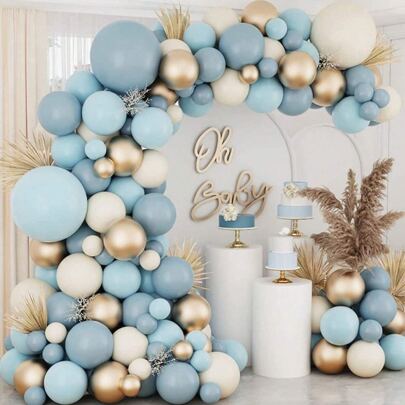 87Pcs Dusty Baby Blue Balloons Balloon Arch Garland Kit, Sand White Metallic Gold Dusty Slate Fog Baby Blue Balloons For Boy Baby Shower Bridal Shower