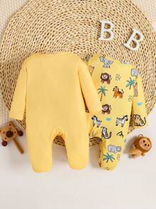 2 件套婴儿/幼儿男孩简约可爱印花前按扣连体衣 - 黃色 - 查看 2
