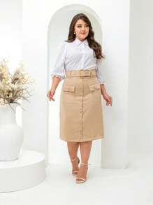 Elegant Tailored Midi Skirt With Belt And Pocket Evangelical Fashion - 米色 - 查看 4