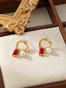 1pair Stainless Steel 18k Plated Pearl & Cubic Zirconia Earrings Suitable For Work, Party, Date - Pearl Ear-rings - View 13