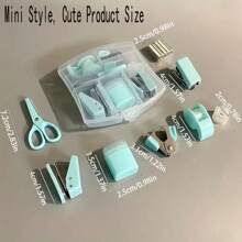 8pcs/Box Portable Office School Mini Stationery, Including Hole Punch, Staple Lifter, Stapler Tape Holder, Small Tape, Pencil Holder, Scissors, 500 Staples (10#),Product Size Is Mini And Cute, Wedding Gifts,Back To School,School Supplies - Sets - View 3