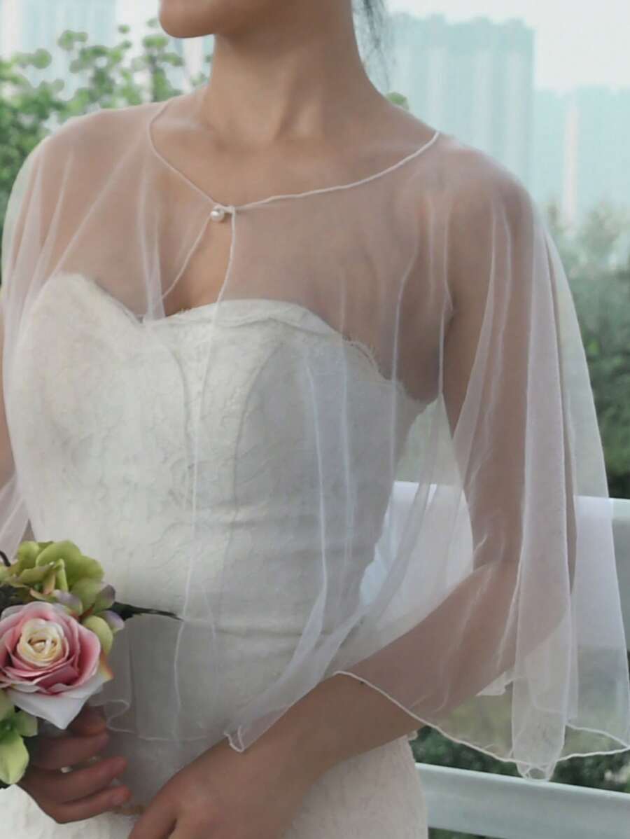 1pc Faux Pearl Decor Bridal Shawl, Sexy Thin Mesh Ladies Wedding Party Bolero Cover Up Shrug Fall Clothes For Women
