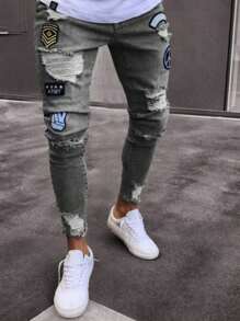 Jeans in denim slavato da uomo con toppe, pantaloni da moto slim fit - Grigio - Visualizzare 1