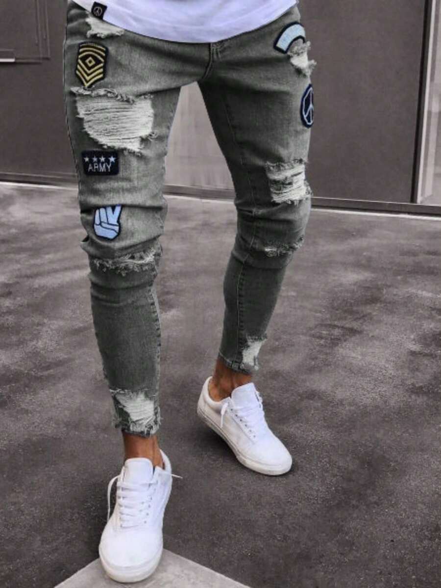 Jeans in denim slavato da uomo con toppe, pantaloni da moto slim fit - Grigio - Visualizzare 1