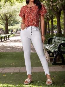 Women's Casual Slim Fit Jeans With Button Closure And Pockets, White Stretch Denim Pants, Christmas Trousers - 白色 - 查看 8