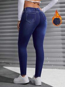 Quần denim lót vải mỏng bó sát có nút phía trước dành cho nữ vào mùa thu/đông - Rửa tối - Xem 2