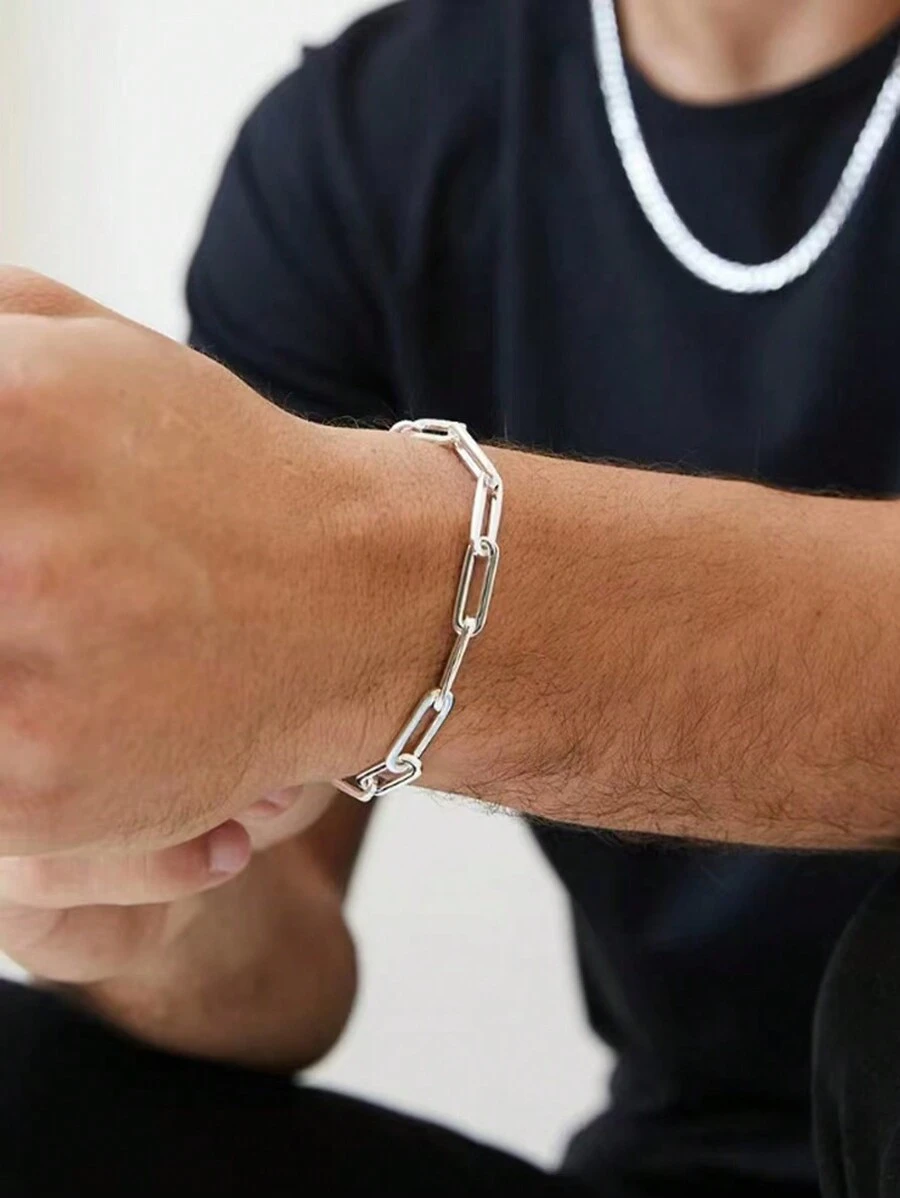 1pc Stainless Steel Geometric Handmade Chain Link Bracelet, Minimalist Style, Suitable For Sports And Daily Wear, Graduation/Friend Gift - Silver - View 1