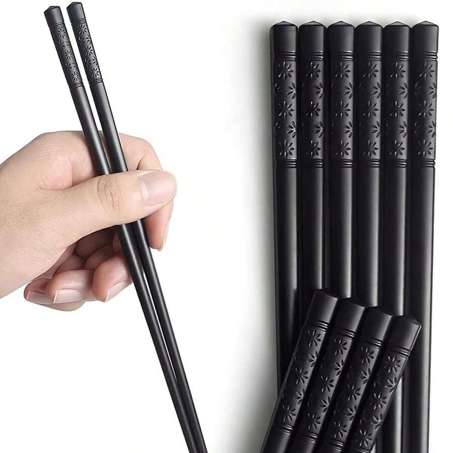 1/6 对可重复使用、可在洗碗机中清洗的玻璃纤维筷子，带有美丽的樱花图案 - 9.5 英寸/24 厘米长学校用品，返校 - 黑色 - 查看 1