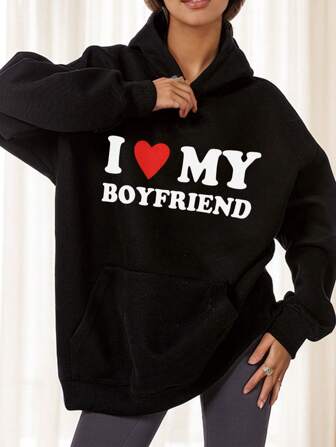 Avslappnad 'I Love My Boyfriend'-tryckt damtröja, lämplig för vår, höst och vinter, fleece