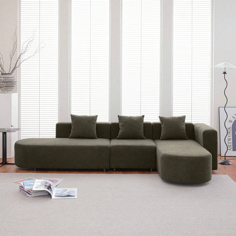 [VIDEO] Provided]Modern L Shape Boucle Sofa With Curved Seat (Facing Right) - 綠色+圈+現代+4座如圖 - 查看 1