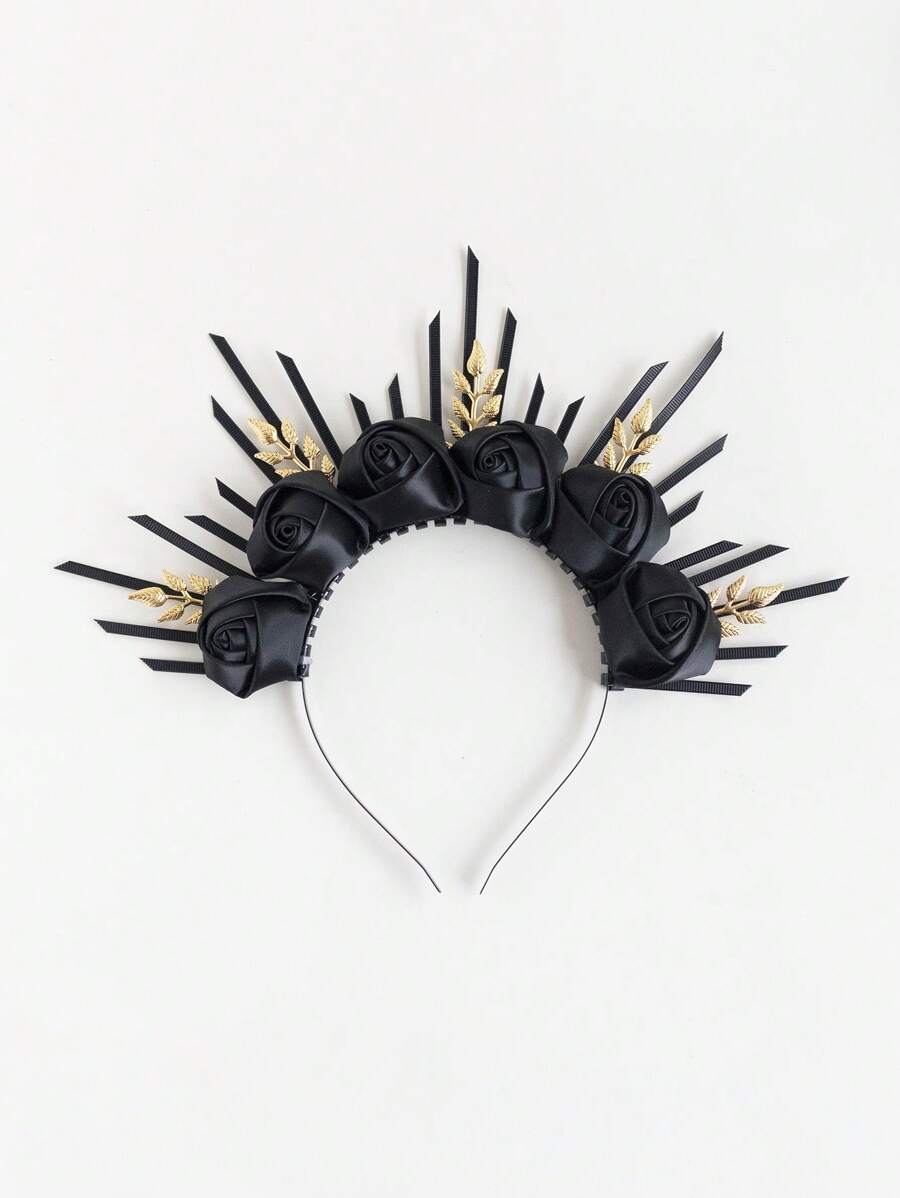 Darkness Of Queen,Vintage Dark Black Flowers Sunburst Spike Halo Crown For Gothic Wedding Brides And Bridesmaids ,Headpiece Mary Headband Halloween Floral Crown,Gothic Wedding Tiara For Bride, Costume Headpiece For Birthday Cosplay Party Celebration, Day Of The Dead