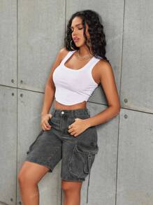 Flap Pocket Side Denim Shorts
