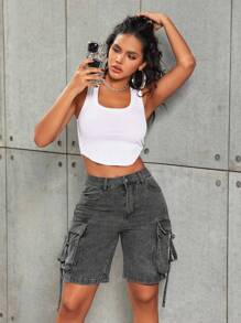 Flap Pocket Side Denim Shorts