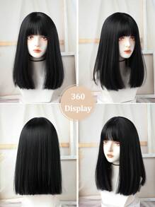 Peruca Preta para Mulheres, Cabelo Liso Comprimento de Ombro com Franja, Peruca Sintética de Aparência Natural para Uso Diário e Escolar, 18 Polegadas