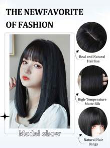 Peruca Preta para Mulheres, Cabelo Liso Comprimento de Ombro com Franja, Peruca Sintética de Aparência Natural para Uso Diário e Escolar, 18 Polegadas