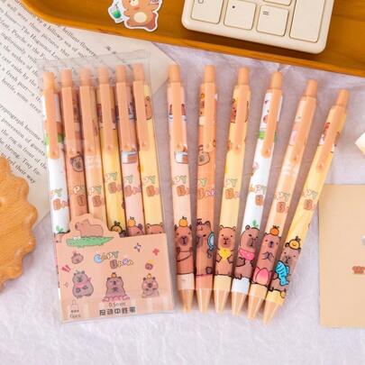 6/12 水豚主题凝胶笔，0.5毫米替换芯，软握，黑色墨水 - 可爱动物图案，适合日常办公，书写流畅，办公配件，优雅的学校用品和文具笔，水豚圆珠笔套装，中号笔尖，塑料，可爱水豚图案书写笔，适用于办公室和学校用品。返校季