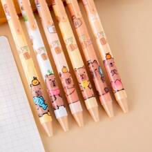 6/12 水豚主题凝胶笔，0.5毫米替换芯，软握，黑色墨水 - 可爱动物图案，适合日常办公，书写流畅，办公配件，优雅的学校用品和文具笔，水豚圆珠笔套装，中号笔尖，塑料，可爱水豚图案书写笔，适用于办公室和学校用品。返校季 - 套裝 - 查看 6