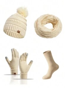 4 sztuki/zestaw w stylu europejskim, czapka zimowa damska, szalik, rękawiczki i skarpetki