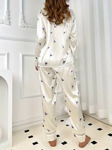 Autumn And Winter Colored Ding Flower Printed Long Sleeved Pants Casual Outerwear Women's Home Clothing Set