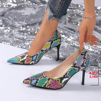 2024 Fashion High Heels For Women, Pointed Toe Snake Skin Texture Casual, Work, Date Versatile Pumps, Sexy Elegant Stilettos