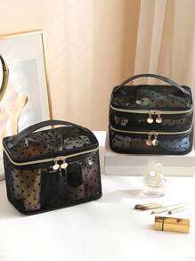 Travel Storage Brush Mesh Hand-Held Double-Layer Cosmetic Bag Portable Visible Change Key Lipstick Sundries Storage Bag