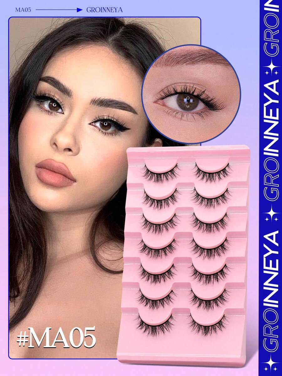 GROINNEYA Manga Lashes 7 Pairs Faux Mink Eyelashes Natural Look Fluffy 3D Volume Eyelashes Soft Cross Wispy Eyelash Extension Makeup For Party Travel (MA05) - màu đen - Xem 1