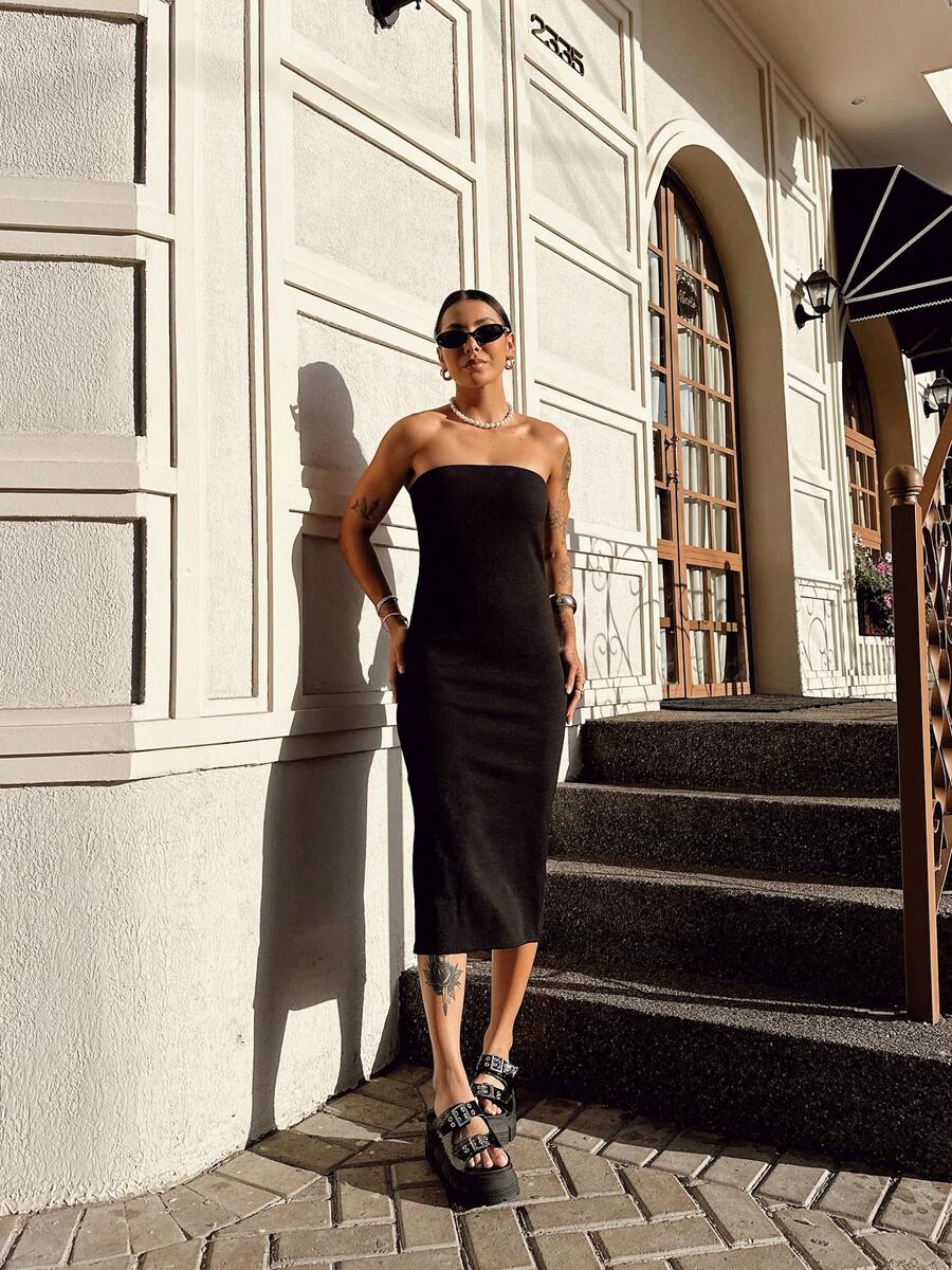 Gringa Strapless Midi Ribbed Tube Dress - màu đen - Xem 1