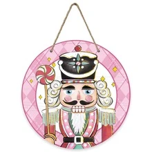 1pc Pink Santa Nutcracker Door Hanger, Buffalo Plaid Wooden Christmas Soldier Candy Decor, Farmhouse Holiday Wreath Wall Hanging,Christmas