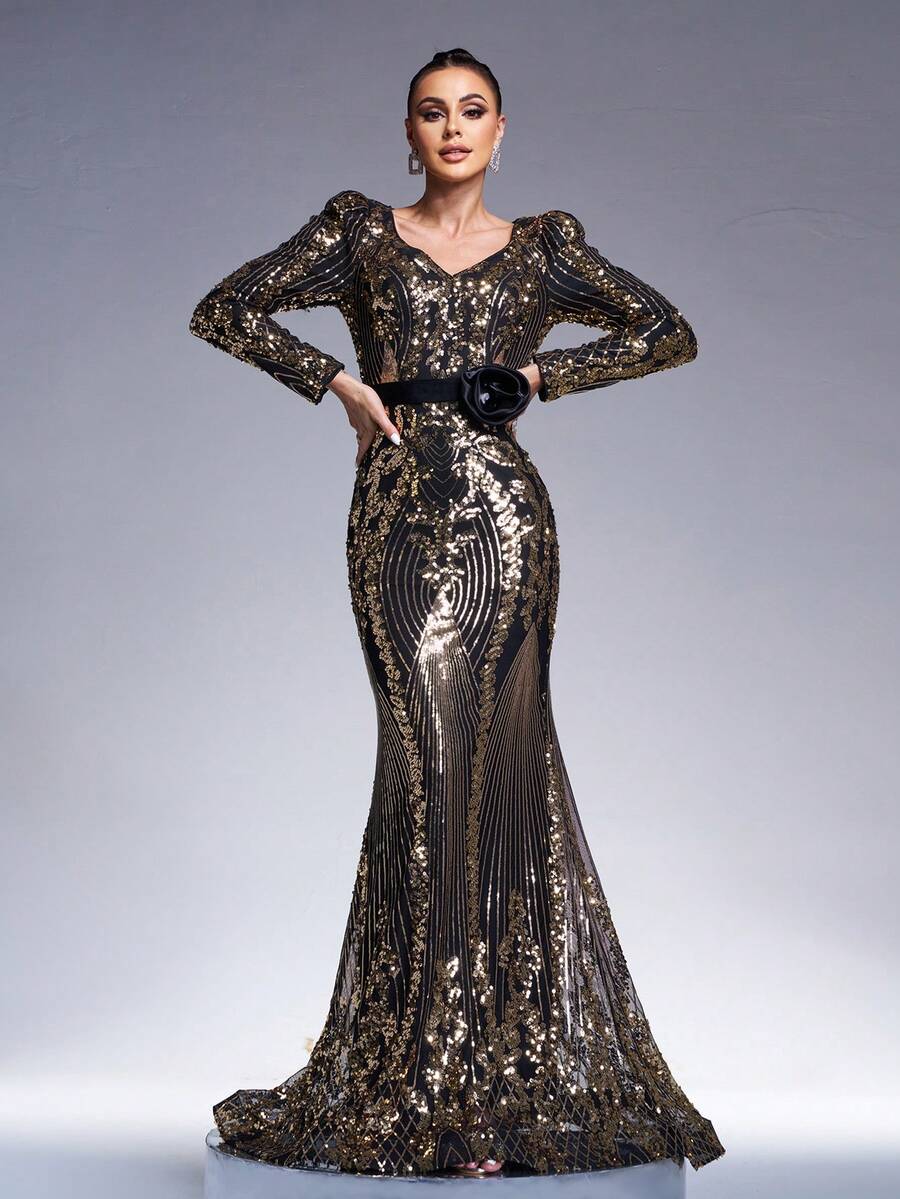 Missord 女式甜心领亮片刺绣美人鱼泡泡袖连衣裙