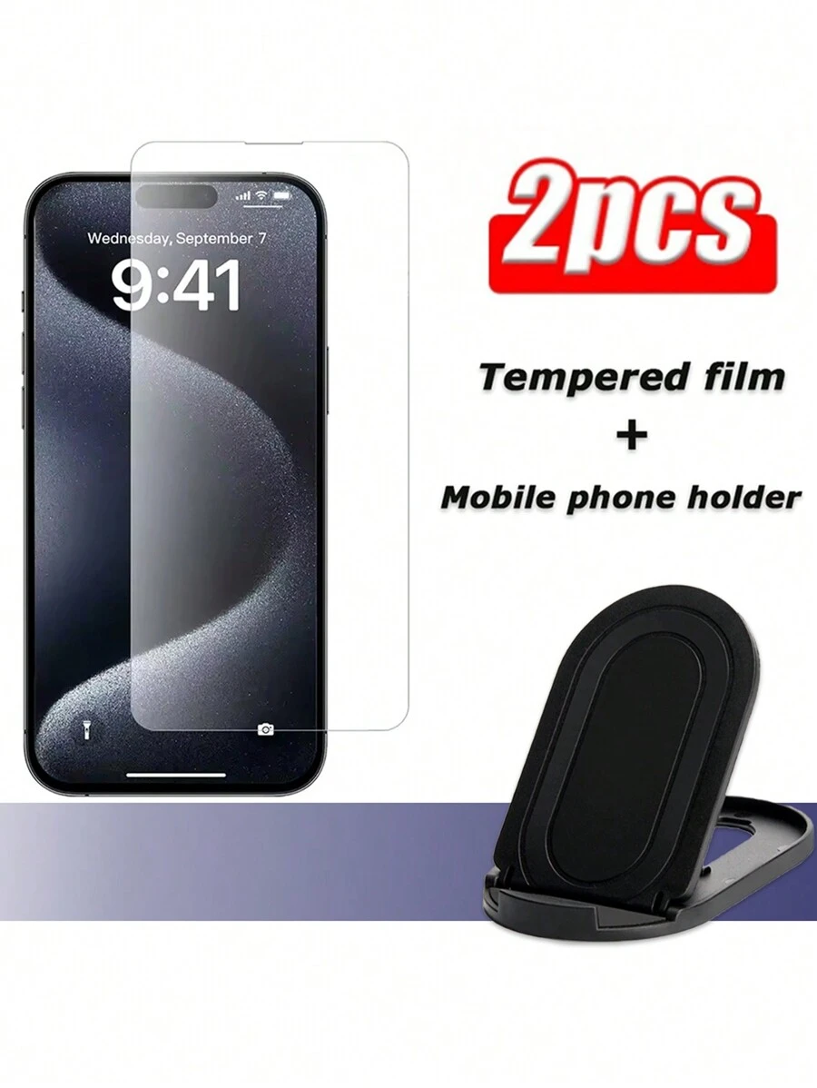 1 miếng dán màn hình cường lực độ cứng 9H + 1 giá đỡ điện thoại gập gọn, tương thích với Apple 11/12/13/14 Pro Max/15 Pro Max, trong suốt, chống trầy xước, chống sốc, chống nước.
