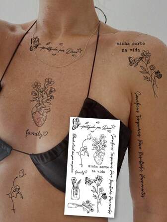 1 Sheet Big Size Body Art Temporary Tattoo Stickers For Women Or Men, Black Simple Y2k Style Butterfly Heart Vase Flowers English Text Pattern, Suitable For Finger Size Cute Street Style, Waterproof Fake Tattoo, Lasts 2-5 Days, Covering Scars,Can Be Used On Arms Wrist Shoulders Legs Waist Neck Hand Chest Thighs Finger Ankle, Suitable For Parties, Gifts, Vacations, Body Decoration