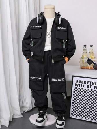 2pcs Young Boy New York Letter Print Hooded Jacket And Pants Set, Spring/Autumn