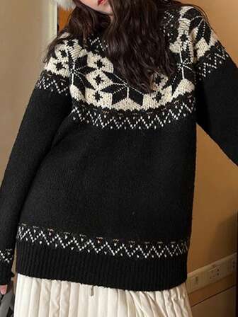 Women's Christmas Design Snowflake Contrast Color Long Sleeve Knitted Sweater, Fashion Crew Neck Loose Pullover Knitwear Top