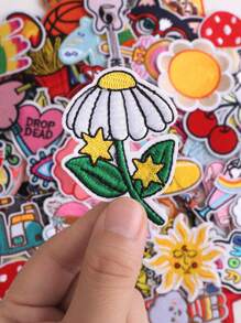 50 piezas/Paquete Parches de bordado de girasoles y letras en inglés termoadhesivos de colores aleatorios, aptos para DIY en ropa y accesorios - sombreros, jeans, vestidos, etc. Adorables y únicos apliques bordados de dibujos animados
