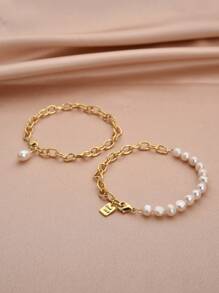 Bộ 2 vòng tay ngọc trai tự nhiên mạ vàng 18K hình giọt nước, có thể xâu thành vòng cổ, thích hợp cho nữ giới đeo hàng ngày, làm quà sinh nhật, Ngày của Mẹ, Ngày Valentine, lễ đính hôn, đám cưới, quà tặng cô dâu. - trắng - Xem 2