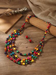 Collar con colgante de cuentas multicapa hecho a mano, conjunto de collar y aretes de cuentas de madera bohemio, accesorios de moda para fiesta/vacaciones - Multicolor - Ver 15