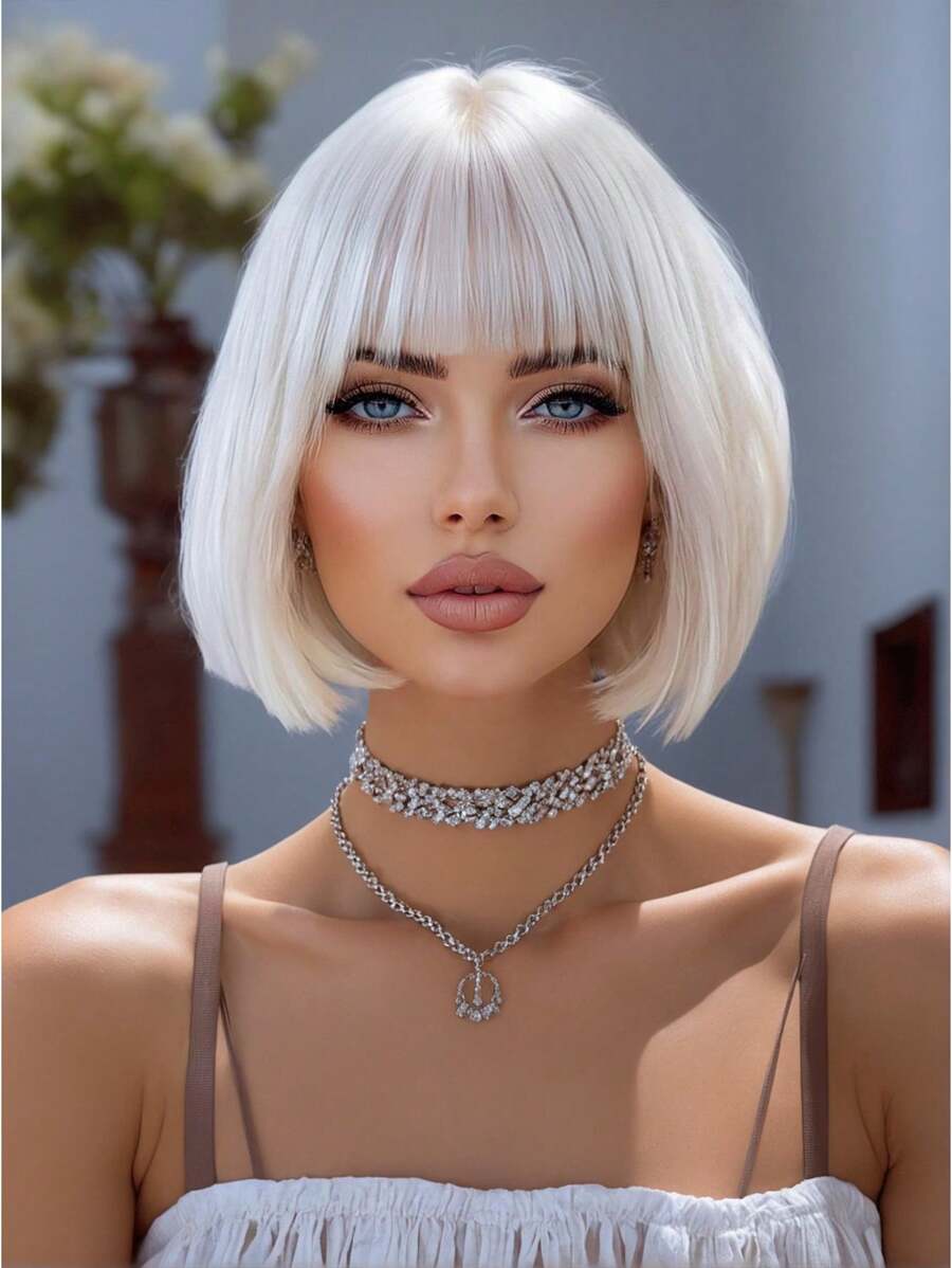 HAIRCUBE 12 Inch White Straight Short Bob Hair Wigs White Short Bob Hair Wigs, With Bangs For Women Cosplay Daily Party Halloween Wigs - trắng - Xem 1
