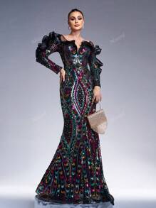 Missord Women's Off Shoulder Mesh Contrast Ruffle Hem Glitter Evening Gown Dress, Elegant Long Sleeve Formal Prom Dress, For Wedding Guest, Graduation, Dinner