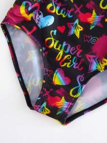 New 5-14 Years Old Tween Girl/Girls' One-Piece Black Hollow Out & Graffiti Print Swimsuit