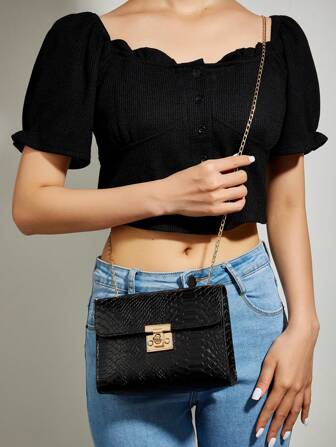 PU Snake Skin Pattern Crossbody Bag With Flap, Button Lock Chain Strap, For Women