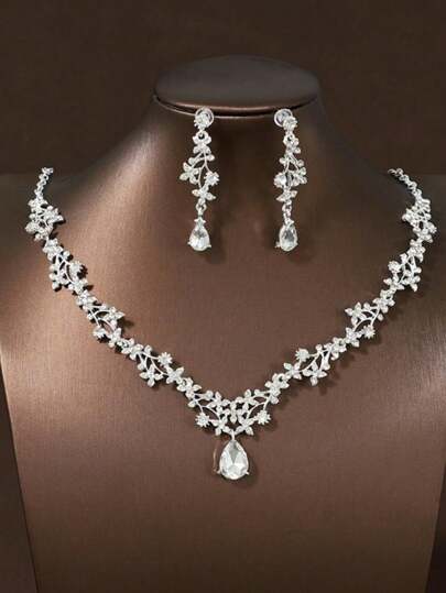 优雅项链耳环水晶新娘婚礼首饰套装新娘伴娘舞会正式服装配饰女士