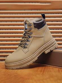 Men's High-Top Faux Suede Lace-Up Boots, Black, Casual Mid-Cut Leather Shoes, Fashion - Brown - View 6