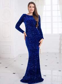 Romagic Đầm dự tiệc tối Maxi dài tay nhung cổ thuyền màu xanh lam cho nữ, váy cổ điển giản dị - Xanh đậm - Xem 2