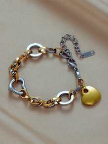 1pc Stainless Steel Hollow Heart Link Bracelet For Women, Non-Fading, Suitable As Gift Valentines - Golden - View 2
