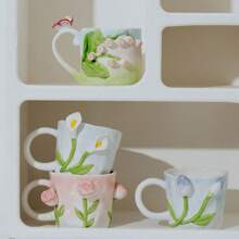 专利手绘 3D 浮雕马蹄莲、铃兰、郁金香、玫瑰陶瓷咖啡杯、不规则形状花卉牛奶杯、创意精美杯子，适合办公室、下午茶、生日、结婚礼物，适合送给女朋友、老板、妈妈 - 彩色 - 查看 2